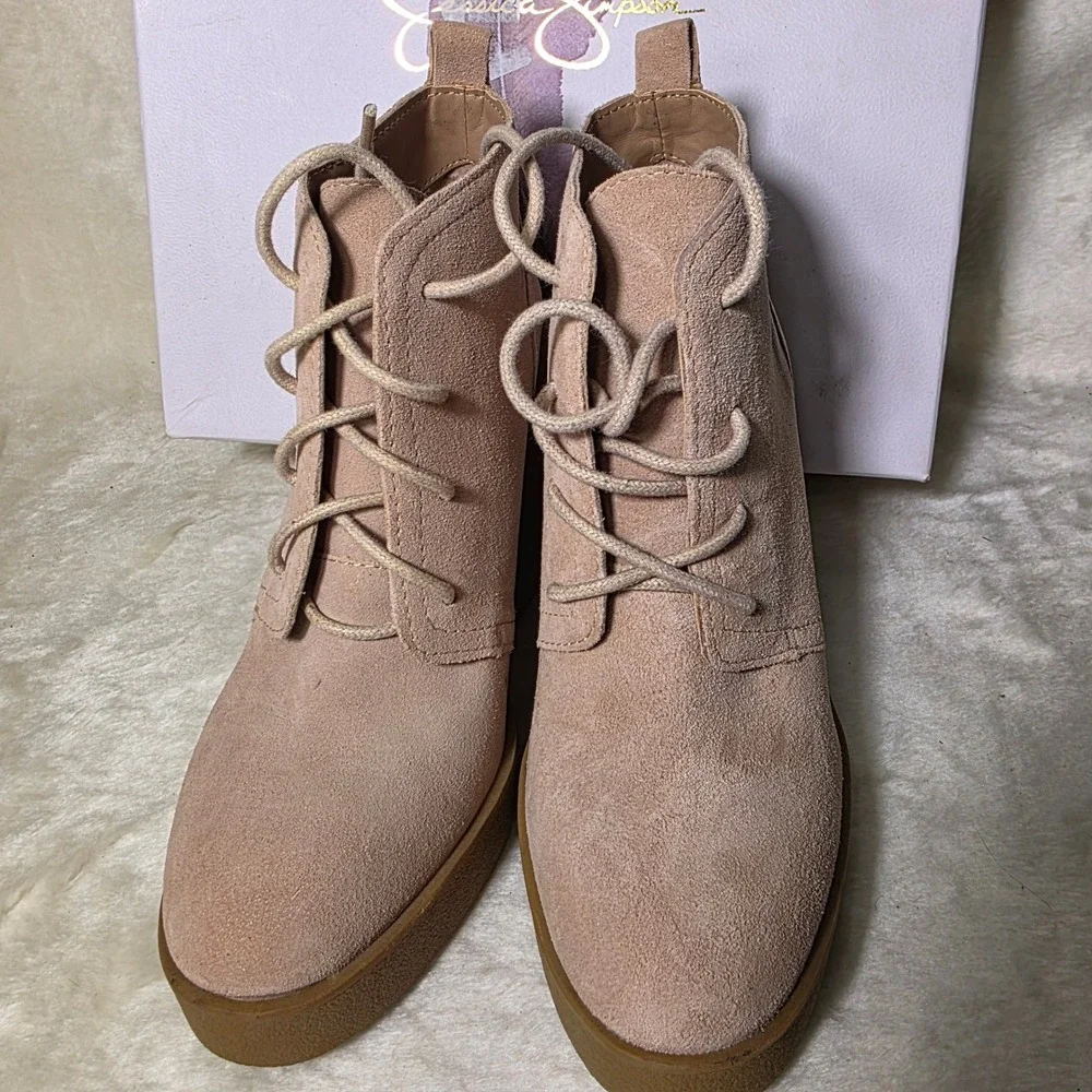 Jessica Simpson Wedge Ankle Booties Nude Tan Suede Lace Up Womens 6M NEW